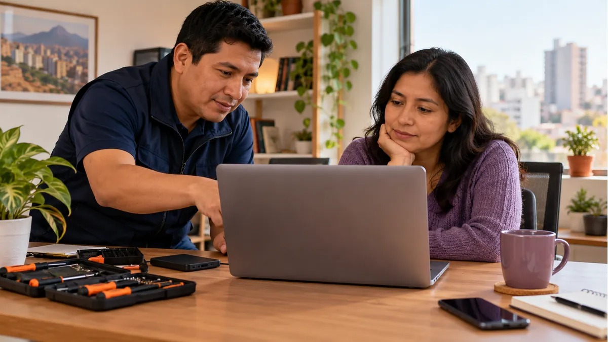 Técnico orientando a una cliente sobre una computadora con problemas de lentitud.