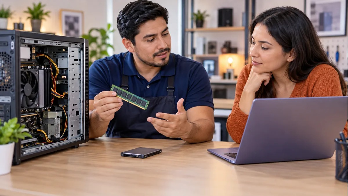 Técnico explicando a una cliente las opciones para reparar o mejorar una computadora.